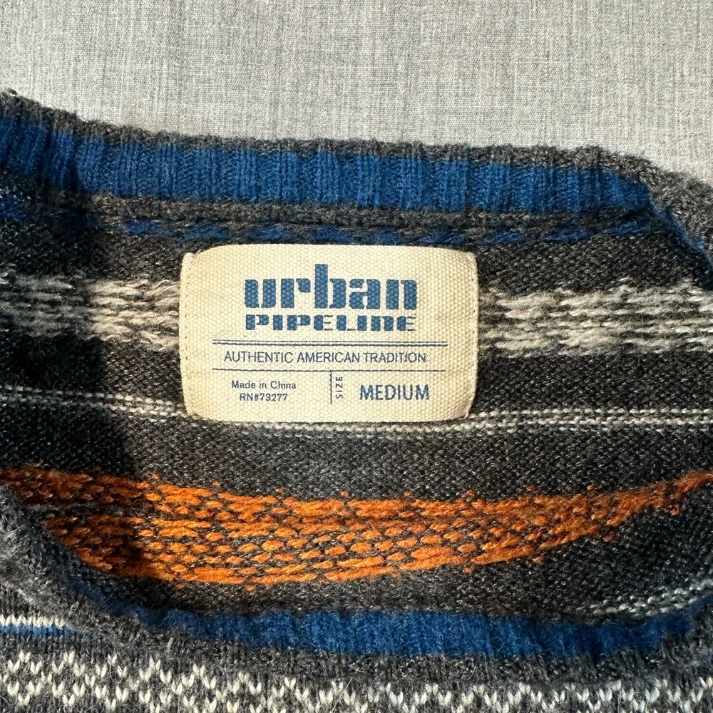 Urban Pipeline Men's Striped Crewneck Sweater - Gray, Blue, Orange - Picture 3 of 7